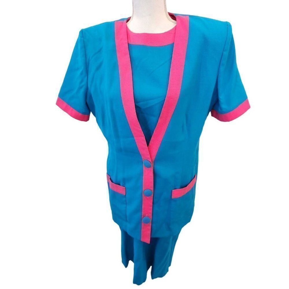 Vintage 80s Leslie Fay Blue Pink Dress Jacket Suit 14 Barbie Color Block